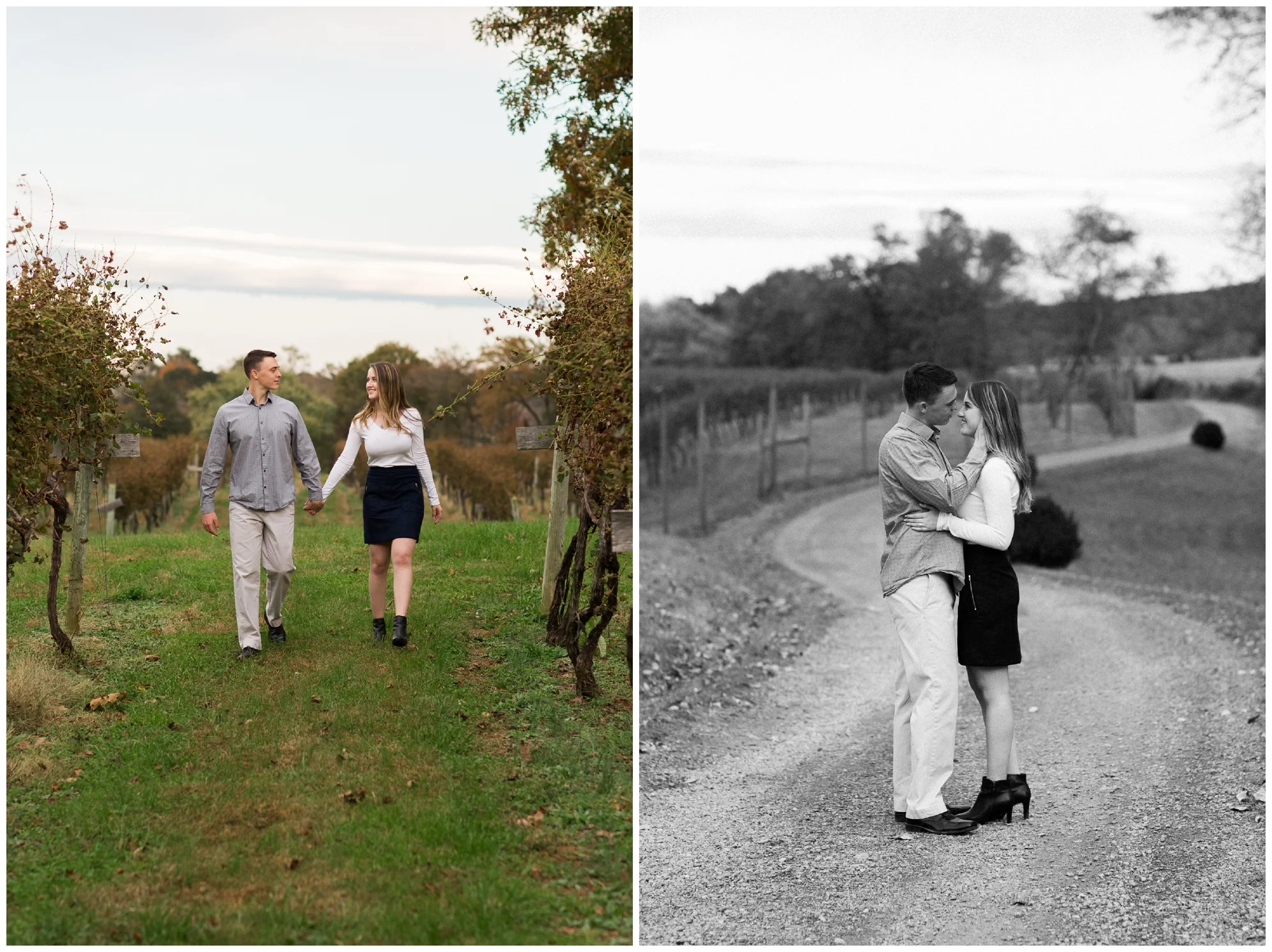 Fall engagement session at Wisdom Oak Winery near Charlottesville Virginia featuring reds, blues and a puppy!