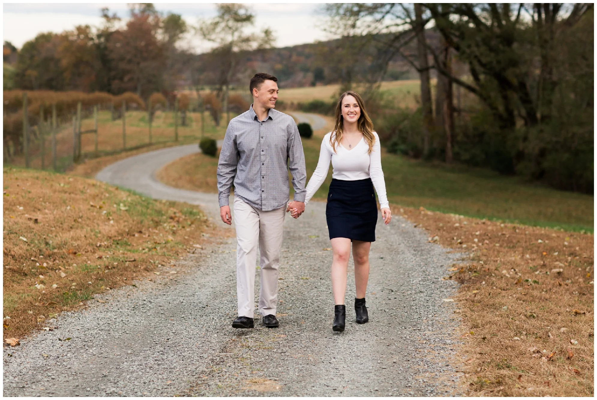 Fall engagement session at Wisdom Oak Winery near Charlottesville Virginia featuring reds, blues and a puppy!