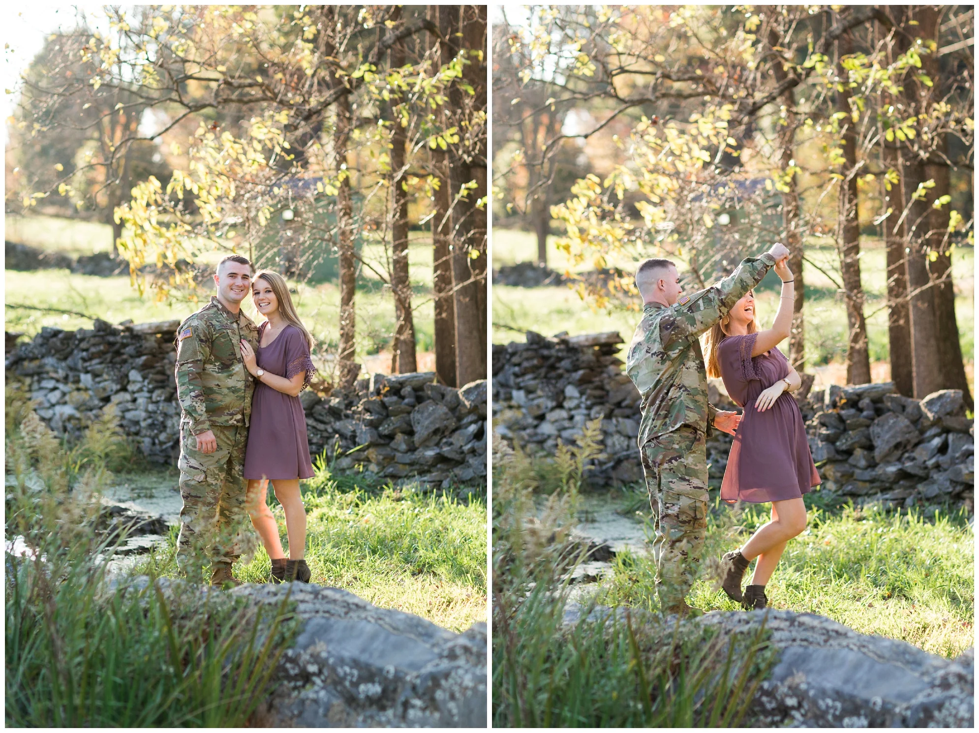 Fall engagement photo session at Blandy Experimental Farm in Winchester, Virginia featuring a military couple, gorgeous golden hour light and stunning fall colors!