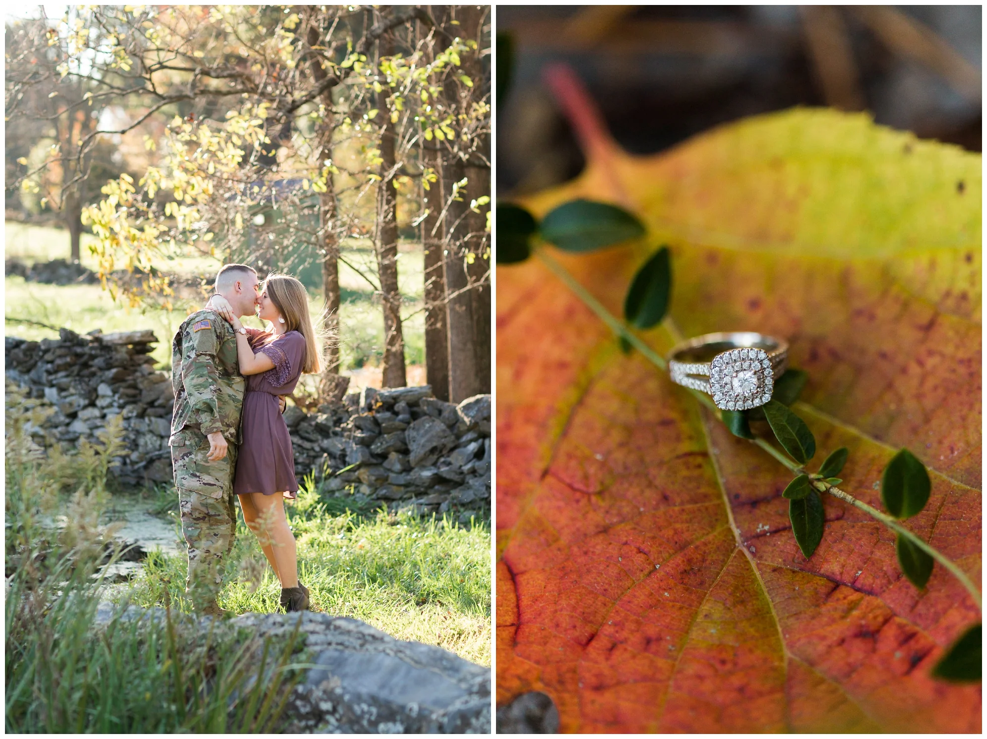 Fall engagement photo session at Blandy Experimental Farm in Winchester, Virginia featuring a military couple, gorgeous golden hour light and stunning fall colors!