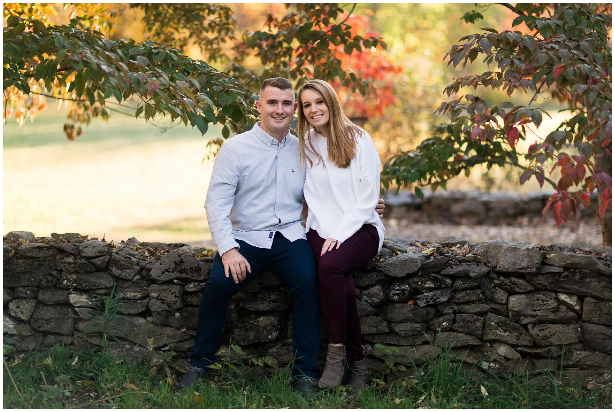 Fall engagement photo session at Blandy Experimental Farm in Winchester, Virginia featuring a military couple, gorgeous golden hour light and stunning fall colors!