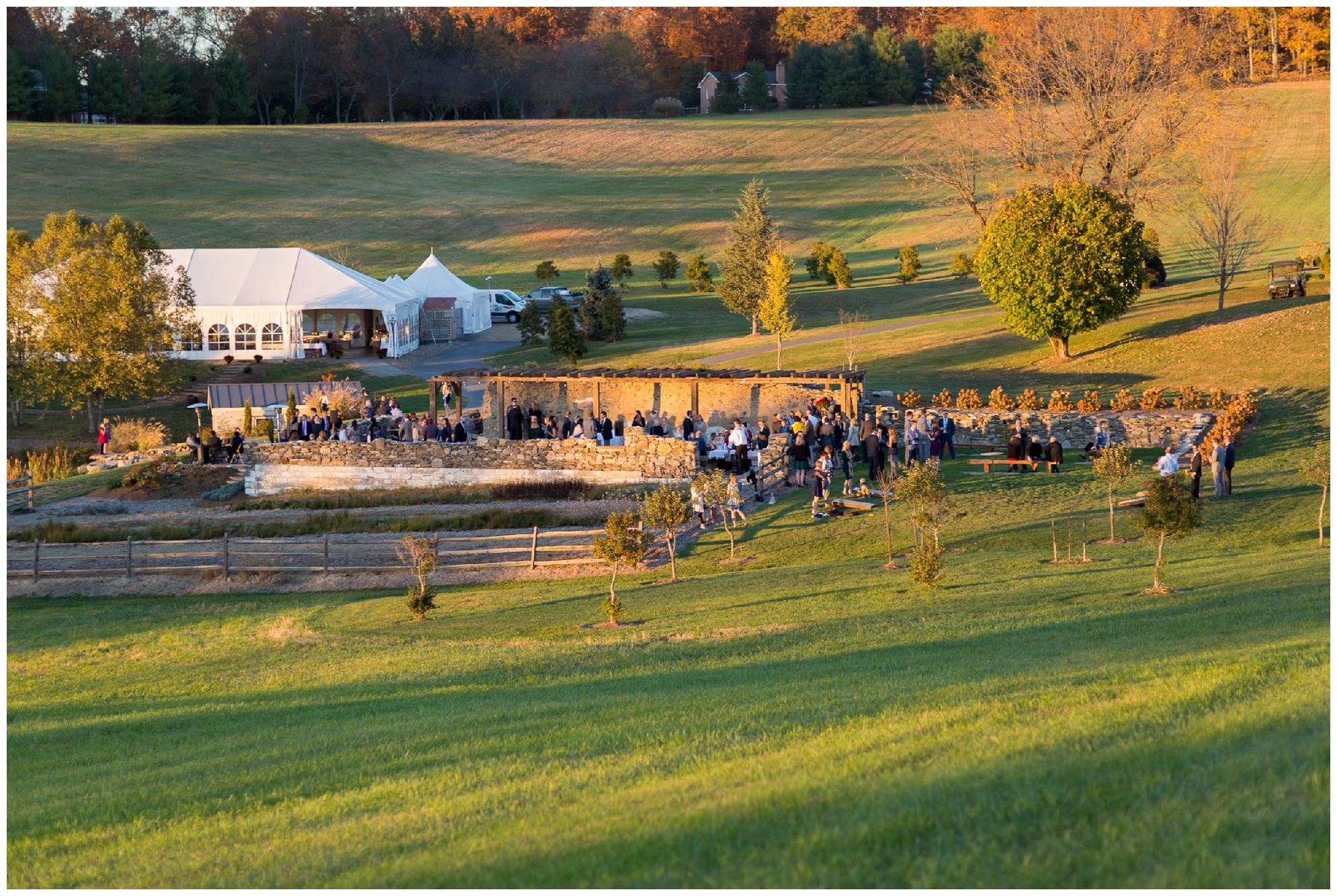 Fall wedding at Glen Ellen Farm featuring a beautiful golden and wine tones, an outdoor cocktail hour, and stunning florals