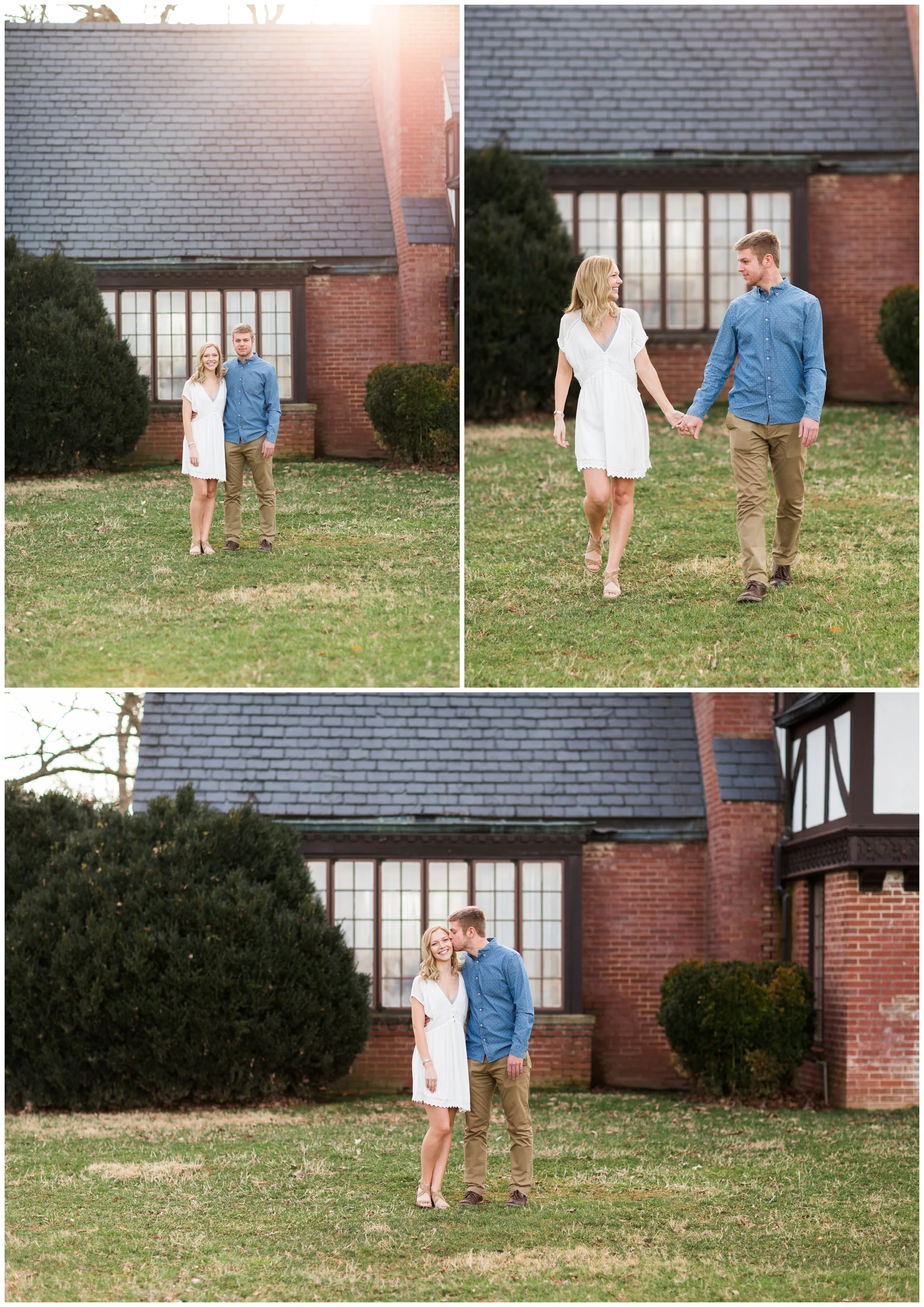 Winter engagement photo session at Gaie Lea wedding venue in Staunton, VA featuring mountain backdrops, golden hour light, a pond with a pier and cows!