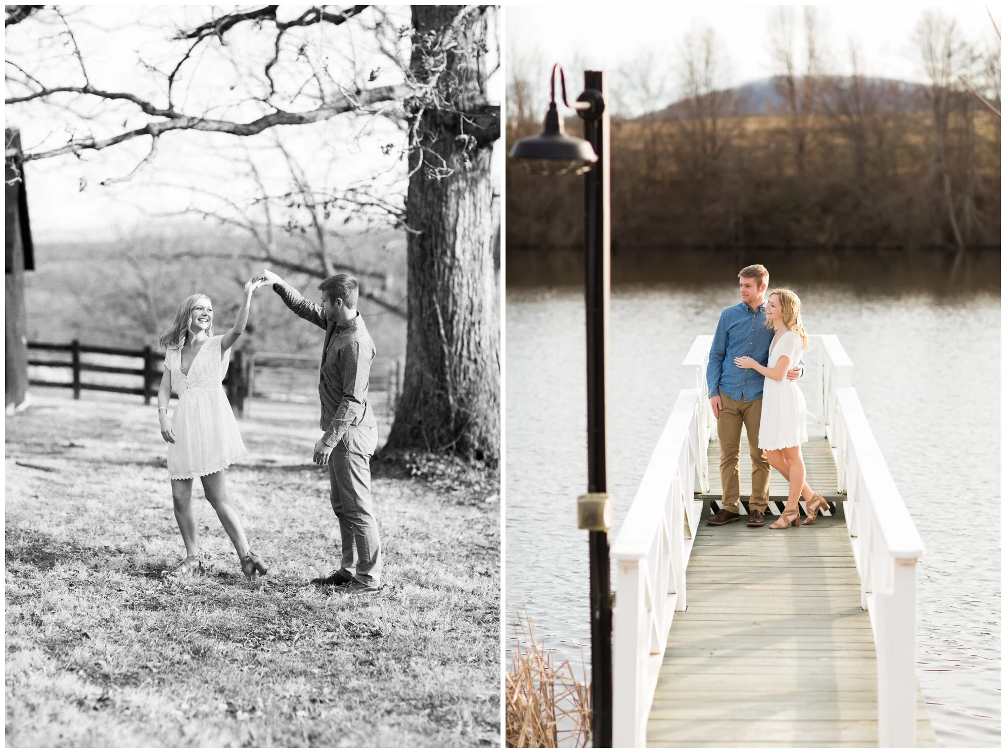 Winter engagement photo session at Gaie Lea wedding venue in Staunton, VA featuring mountain backdrops, golden hour light, a pond with a pier and cows!