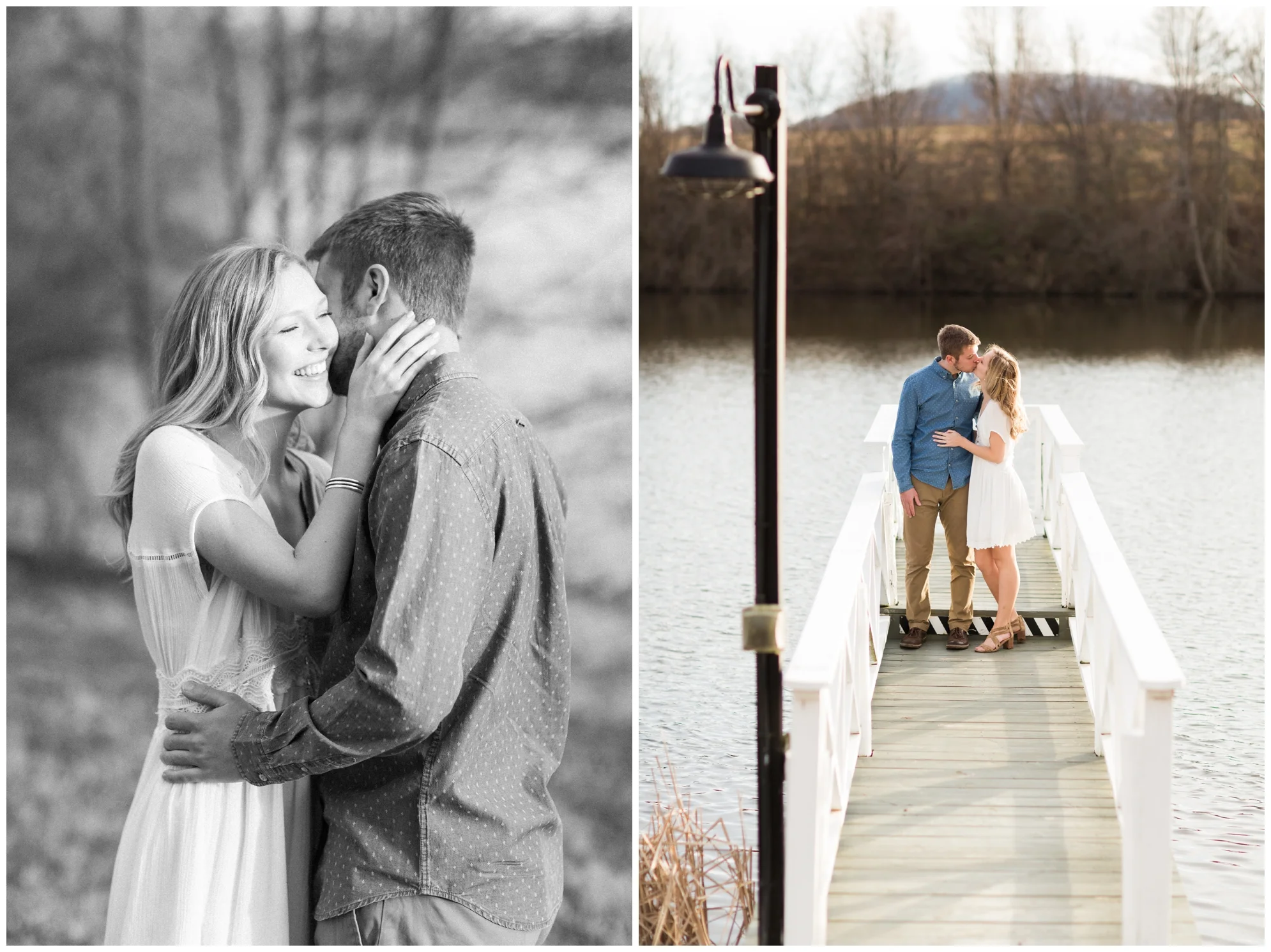 Winter engagement photo session at Gaie Lea wedding venue in Staunton, VA featuring mountain backdrops, golden hour light, a pond with a pier and cows!