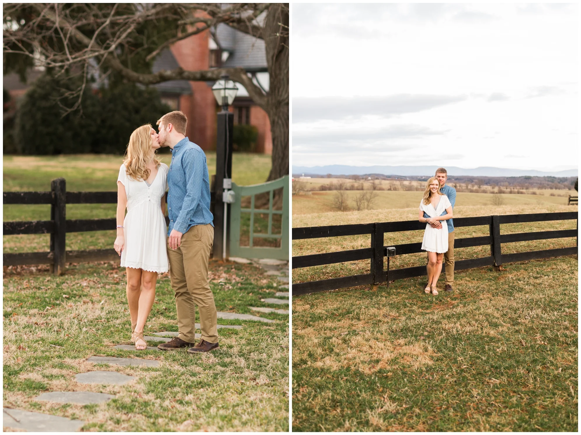 Winter engagement photo session at Gaie Lea wedding venue in Staunton, VA featuring mountain backdrops, golden hour light, a pond with a pier and cows!