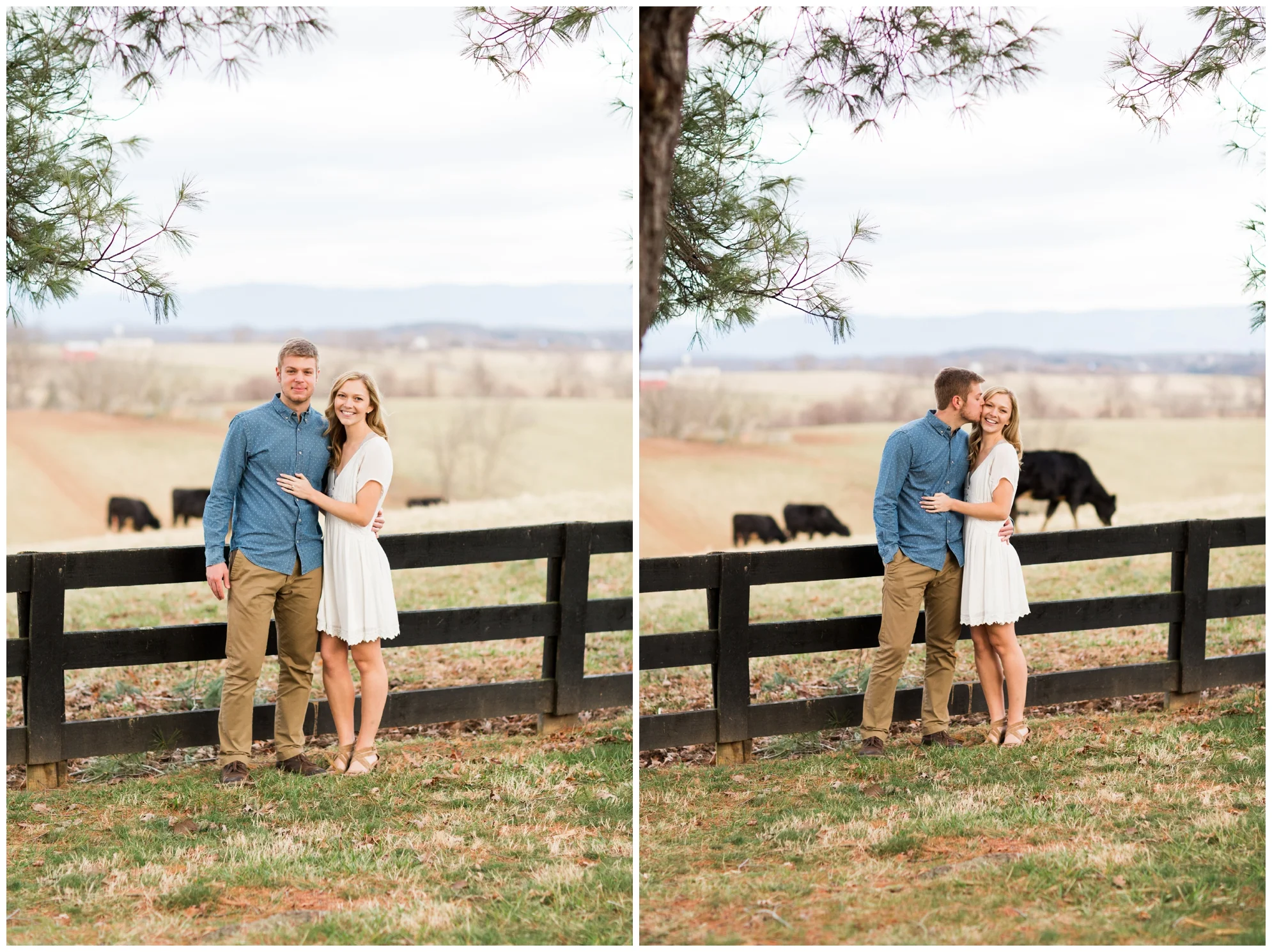 Winter engagement photo session at Gaie Lea wedding venue in Staunton, VA featuring mountain backdrops, golden hour light, a pond with a pier and cows!