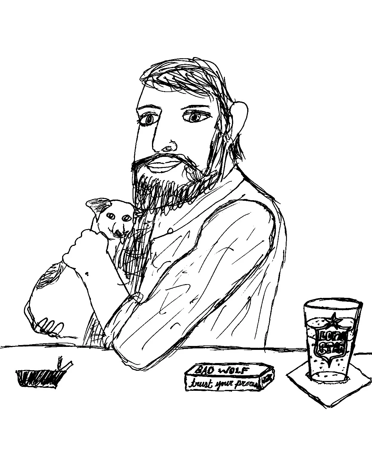 sketch of Jacob with a stranger's dog, by Timothy Dailey-Valdés