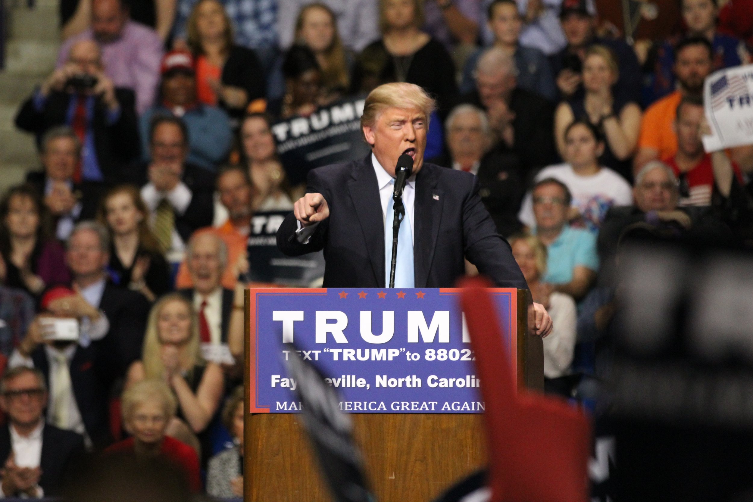  Businessman Donald Trump fires up the crowd during a campaign rally held March 9, 2016, in Fayetteville, N.C.&nbsp; 