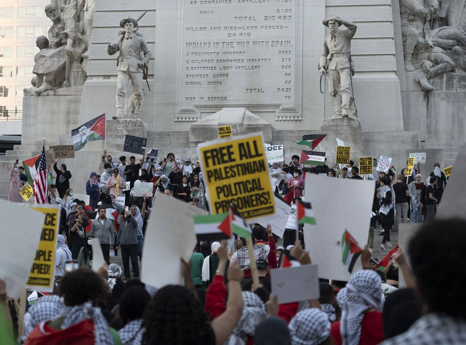  Hundreds gathered on Monument Circle in Indianapolis on Thursday, Oct. 12, 2023, to show their support for Palestinians as fighting between Israel and Hamas continued for a sixth day in and around Gaza. The latest round of violence that has characte