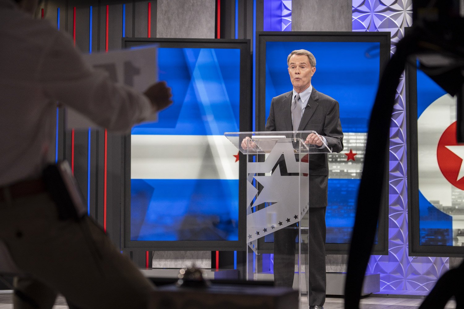  Indianapolis Mayor Joe Hogsett (D) wraps up an answer during the second live televised mayoral debate held Thursday, Oct. 26, 2023, at the Fox59 studios in Indianapolis. 