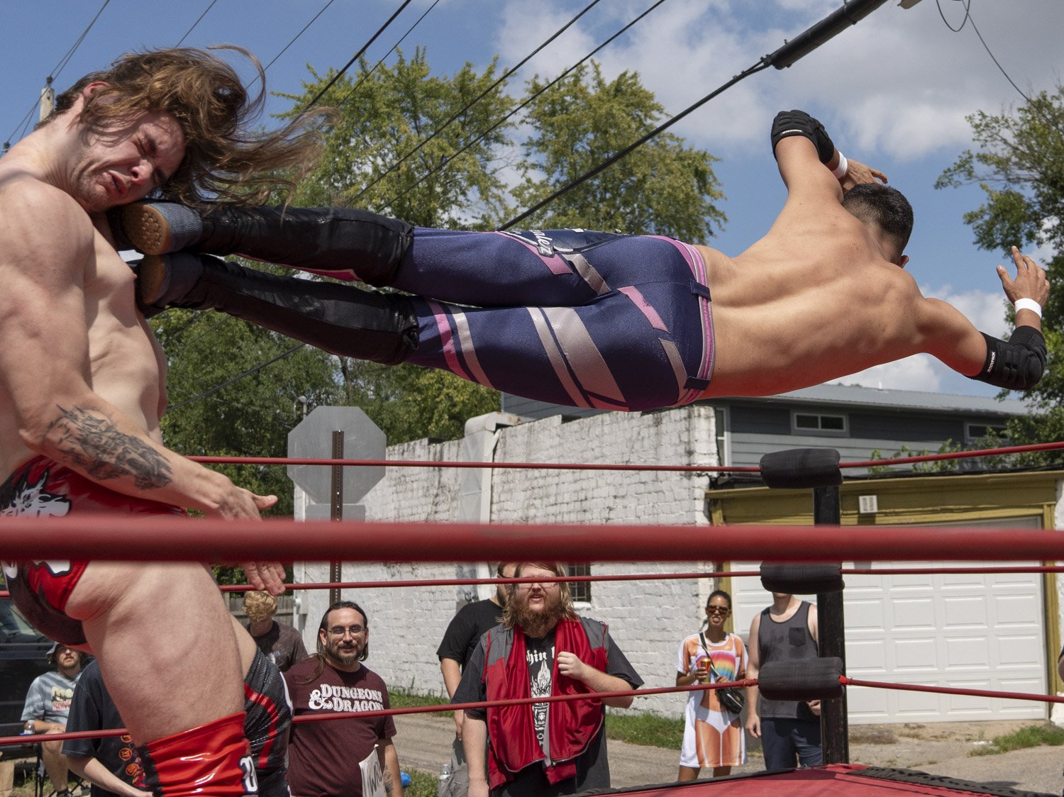  Roco Gonzalez takes on Count Noctis during the Naptown All Pro wrestling show held Saturday, Aug. 26, 2023 at World Famous Hotboys as part of Chreece festival in Indianapolis. 