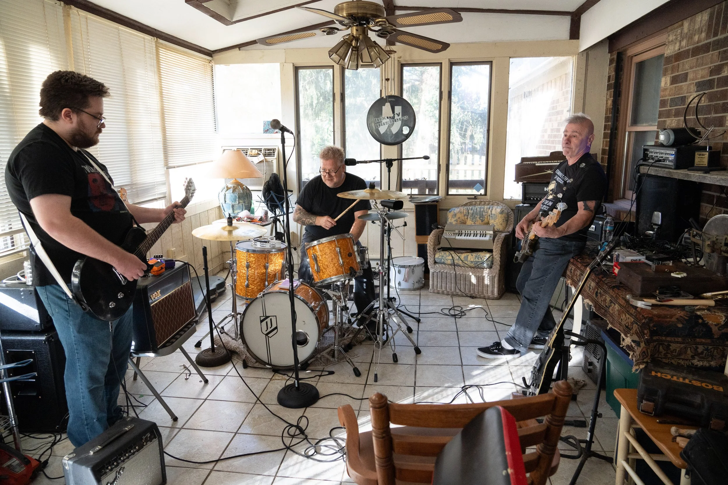  Tomas Ellars, left to right, J.J.Pearson and Glenn Labita rehearse at Pearson’s house in Indianapolis on Sunday, Nov. 5, 2023, for an upcoming gig.  