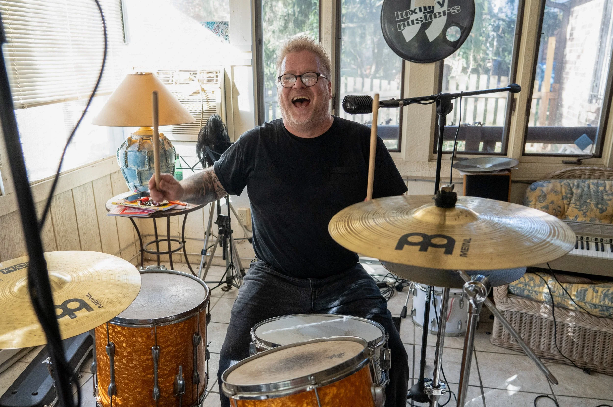  J.J.Pearson practices drums at his Indianapolis home Sunday, Nov. 5, 2023, in preparation for an upcoming show. 