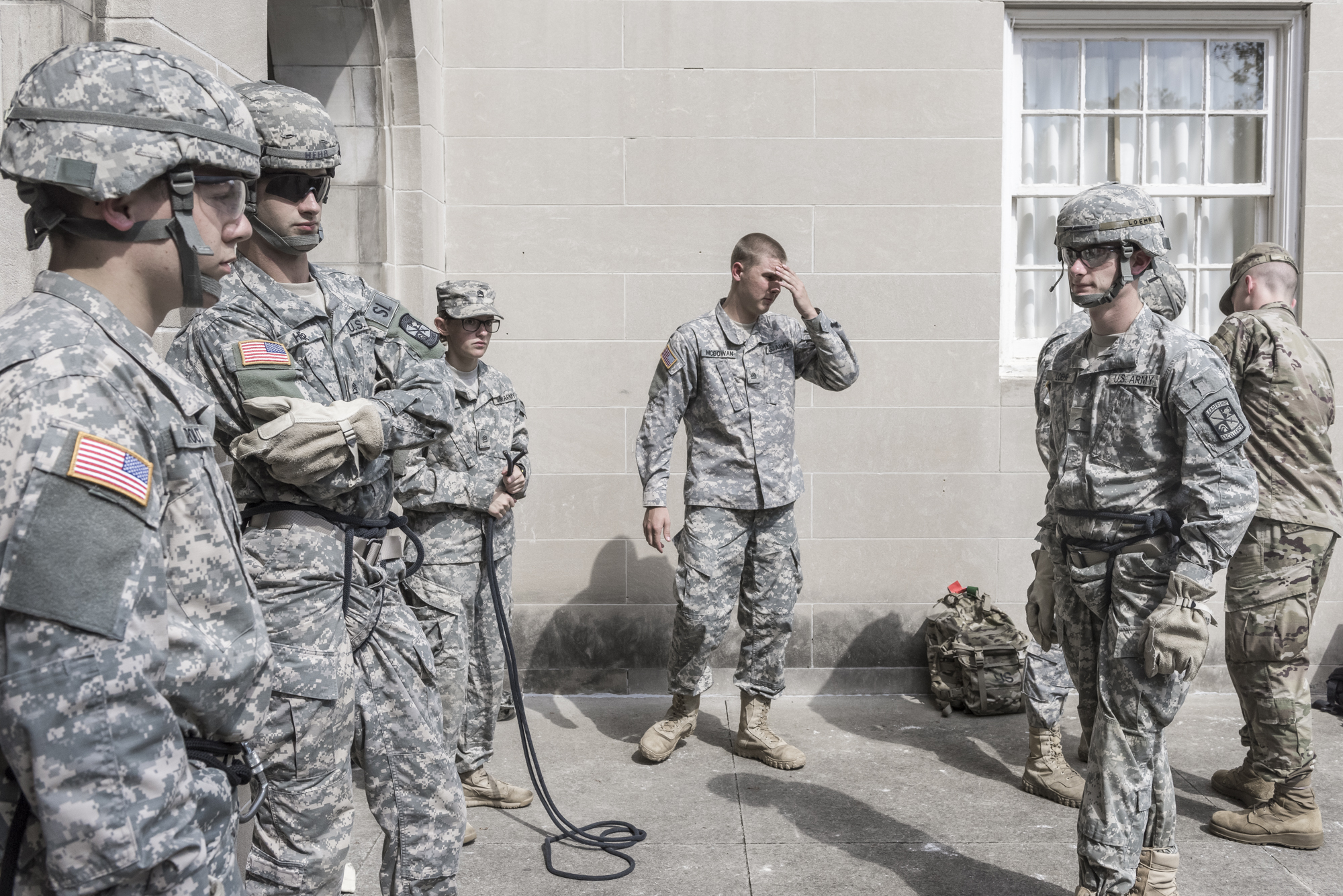  The Reserve Officers' Training Corps (ROTC) branch at Ohio University practices and teaches repelling safety outside Bentley Hall on Septmeber 20, 2017. 