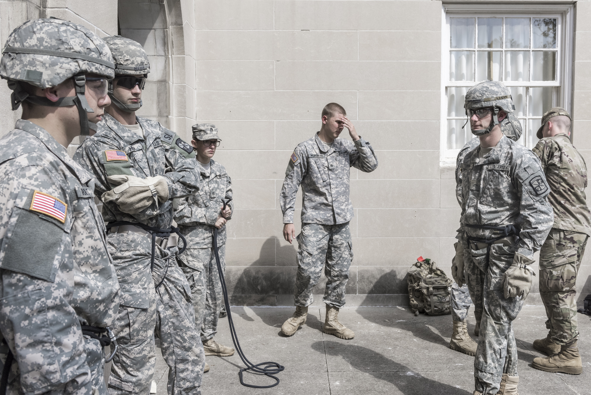 The Reserve Officers' Training Corps (ROTC) branch at Ohio University practices and teaches repelling safety outside Bentley Hall on Septmeber 20, 2017.