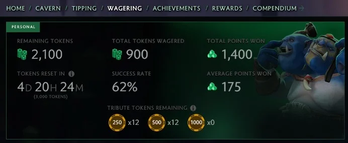The Wagering tab. Green tokens reset weekly, while yellow ones can be used only a single time.