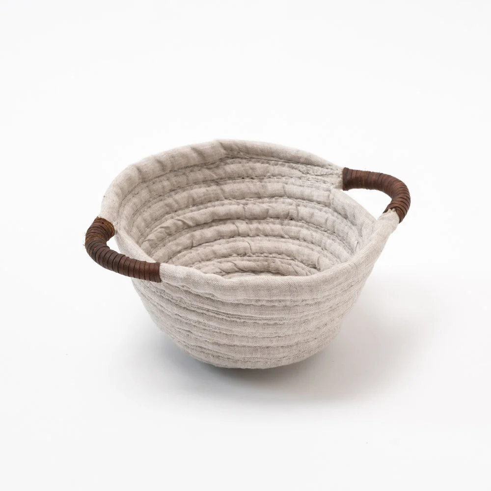 THAYER DESIGN STUDIO Linen Leather Wrap Basket Natural - Small