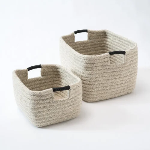 THAYER DESIGN STUDIO Leather Wrap Natural Wool Basket - Light Grey