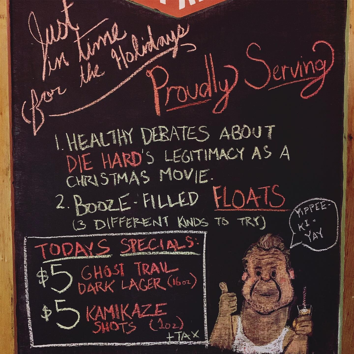 Die Hard, best #Christmas movie or best Christmas movie? And yes, we got booze-y floats now. Try a classic #bourbon and root beer with vanilla ice cream, our #creamsicle, or the coffee-holic, made with j&auml;germeister cold brew! Stay tuned for pics