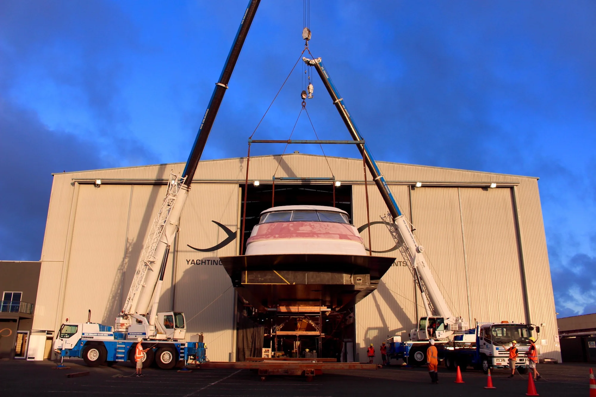 Hull 1015 superstructure is lifted on to the hull – image Paige Cook