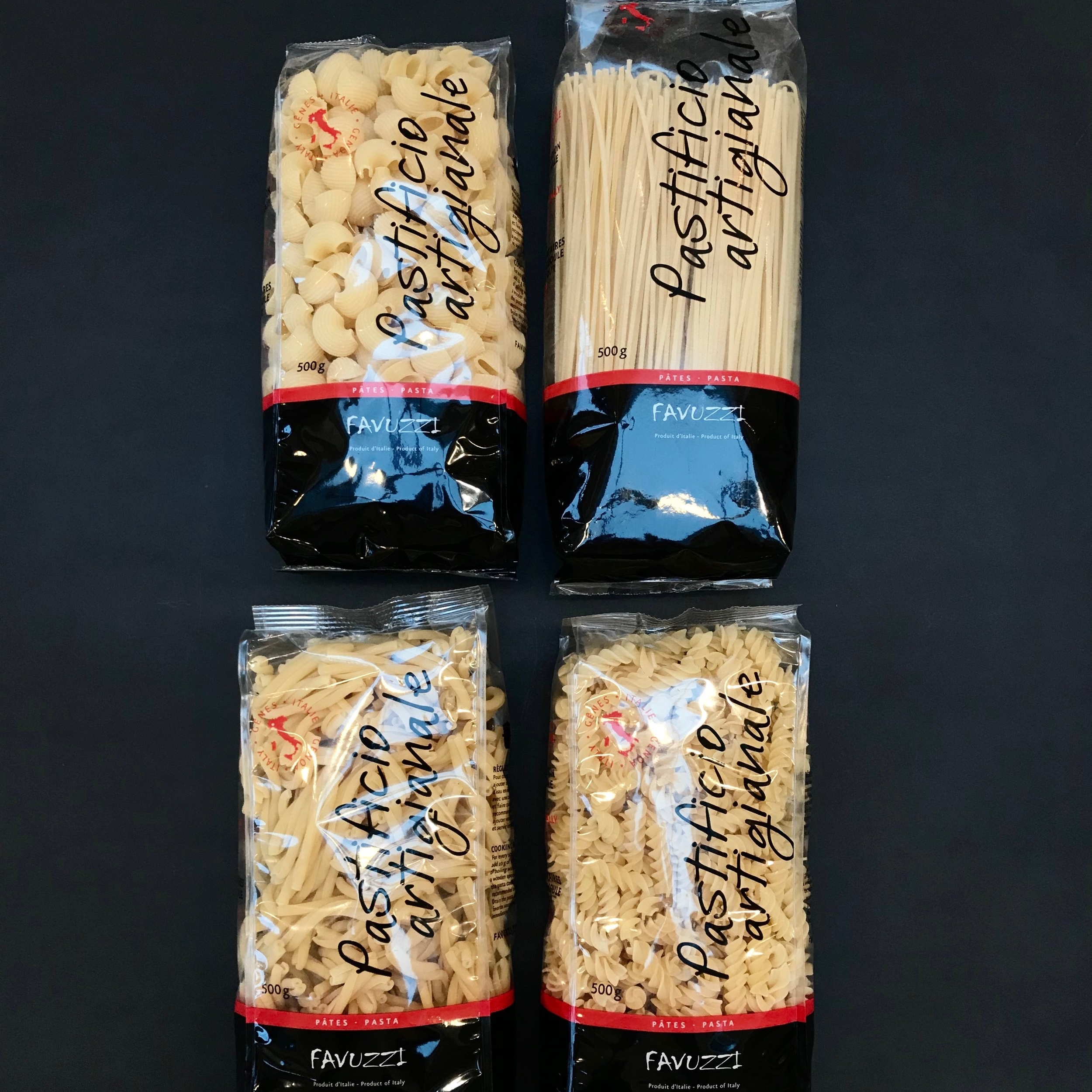 Favuzzi pasta is made in the mountains of Antola Natural Park. The water used in the recipe is also from the park, and only the highest quality durum wheat semolina goes into making the pasta. The pasta is put through a bronze extruder which imparts a lovely porous texture that helps with maximum sauce coverage. Try it out with one of Favuzzi’s pasta sauces!