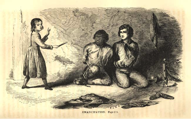 Illustration of Thomas and Archy in book The White Slave. In this scene, Archy and Thomas have been captured. A little girl sneaks in to free them, leaving the two men with a boundary-defining decision.