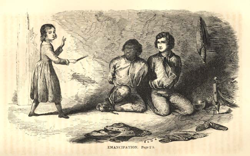 Illustration of Thomas and Archy. In this scene, Archy and Thomas have been captured. A little girl sneaks in to free them, leaving the two men with a boundary-defining and -supporting decision, however painful and reluctantly made
