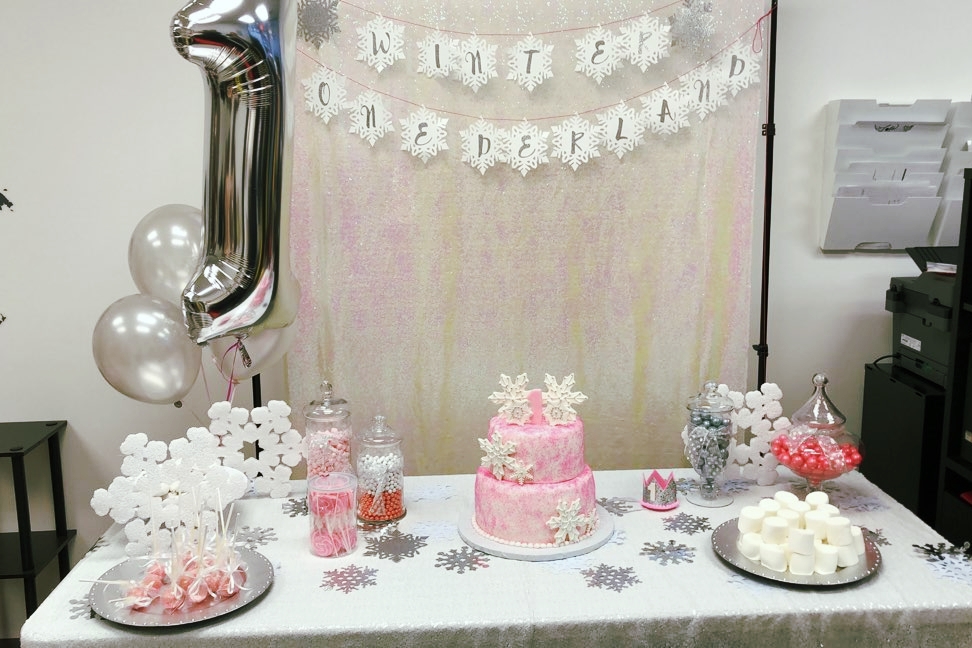 One year old birthday party decorations and treats table.  (Copy)
