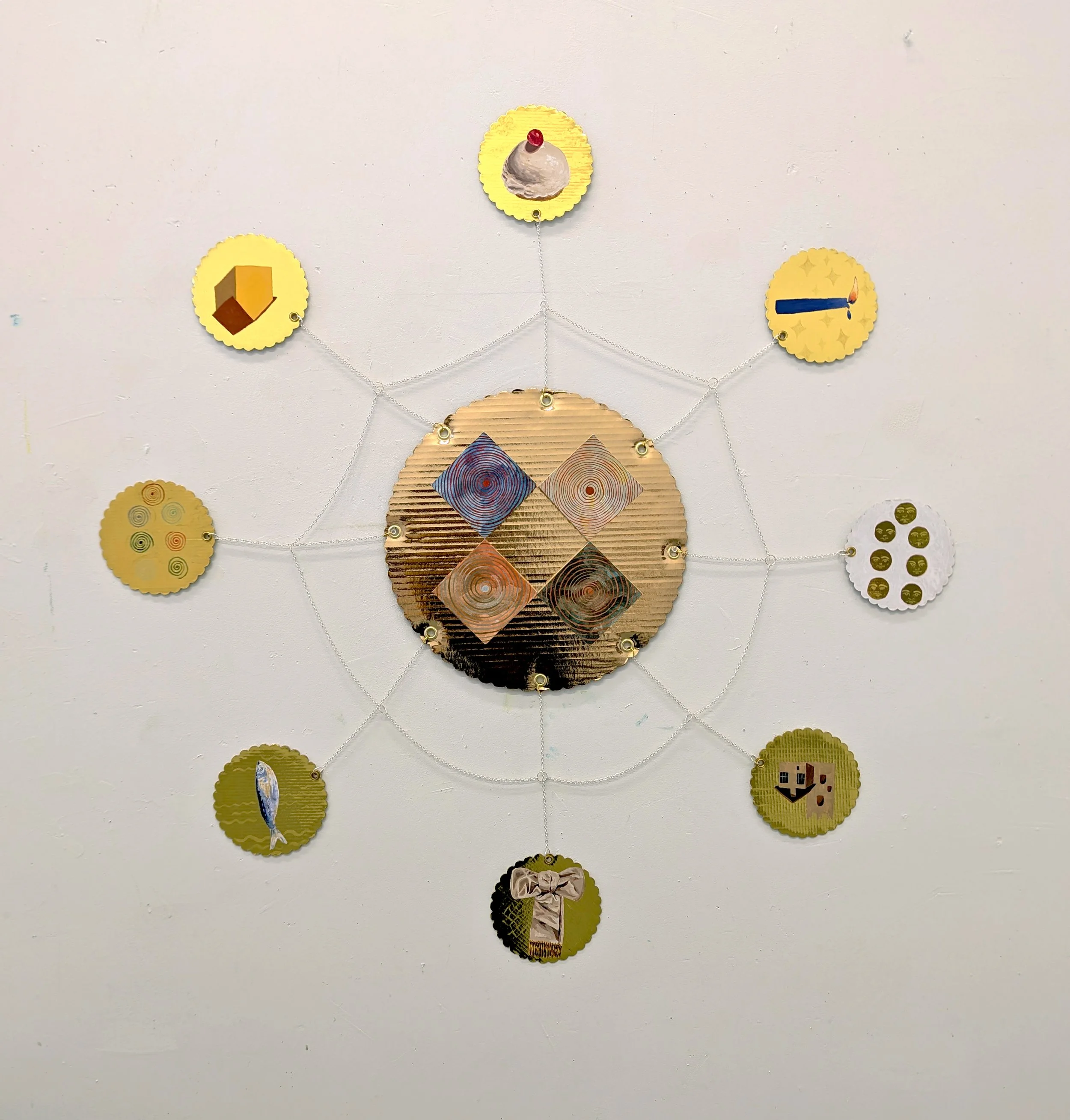 Web
 
 acrylic and gouache on wood panel and cake rounds, chain, hardware   Approximately 45x45 in 
