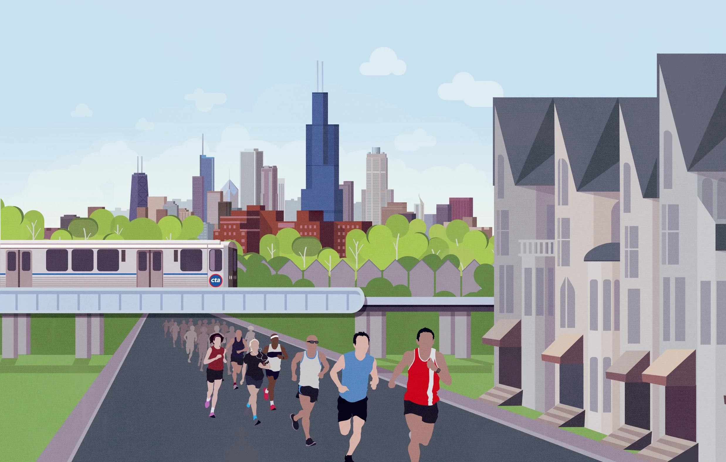 2014 Lawndale 5K city skyline illustration. Image copyright Jeff Miller, HellothisisJeff Design LLC