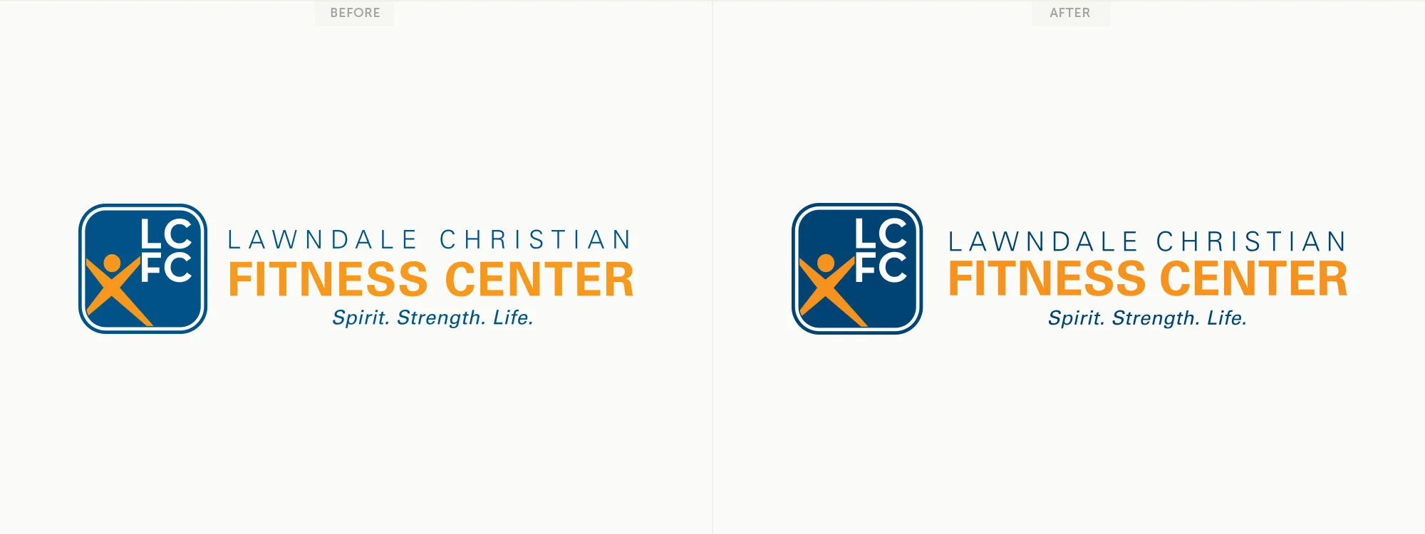 Before and after for Lawndale Christian Fitness Center's logo. Image copyright Jeff Miller, HellothisisJeff Design LLC