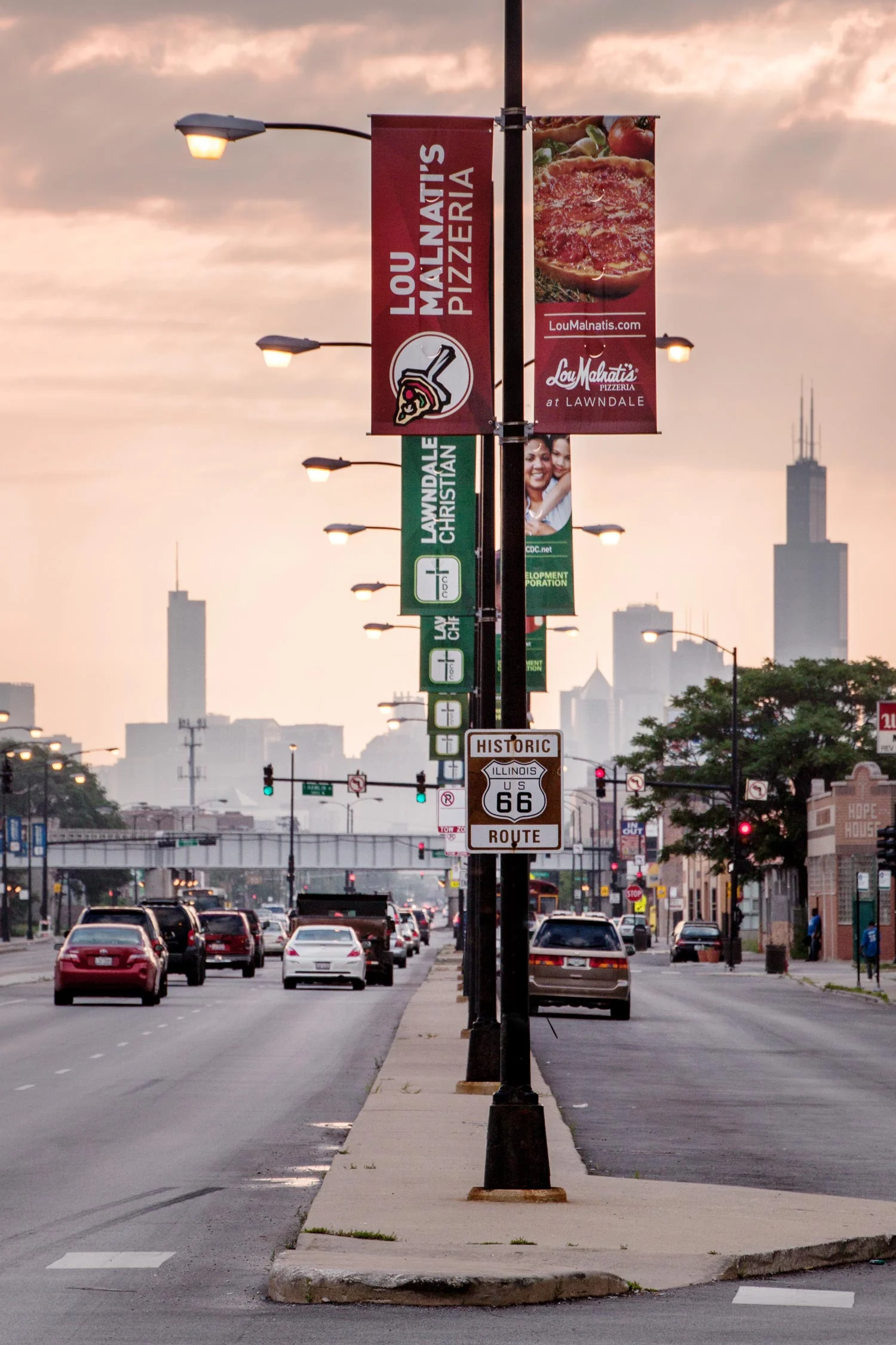 Lawndale Christian street banners looking down Ogden Ave towards the Chicago skyline. Image copyright Jeff Miller, HellothisisJeff Design LLC