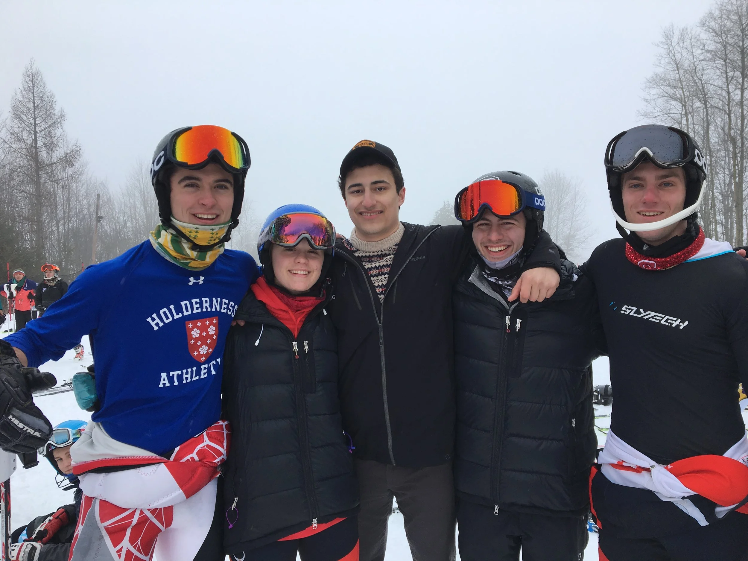 Pictured are: Morgan Dawkins (William and Hobart Smith), Elise Michaels (Cornell), Ryan Skinner (Cornell), Simon Ludl (SUNY Binghamton), and Sean Giannotto (Cornell) at a MidEast Division race at Greek Peak this past weekend.