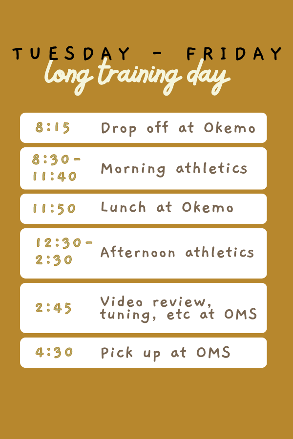 Tuesday - Friday Drop-off at Okemo 815 am Meet at the base of AB quads Athletes should be dressed and ready for on-snow warmup Load lift 830 am Morning Athletics 830 am – 1140 am Buses depart for -3.png