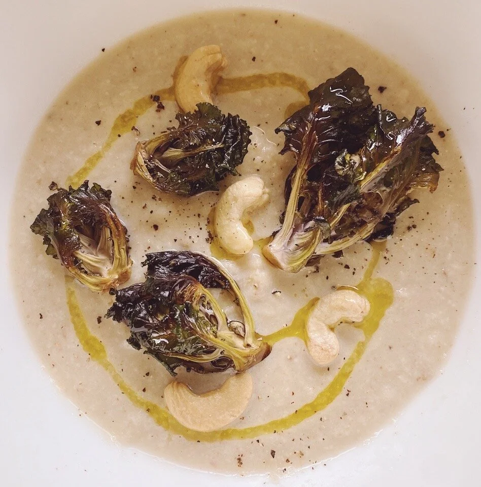 Roasted Cauliflower, Cashew and Crispy Kale Soup ~ Meal 