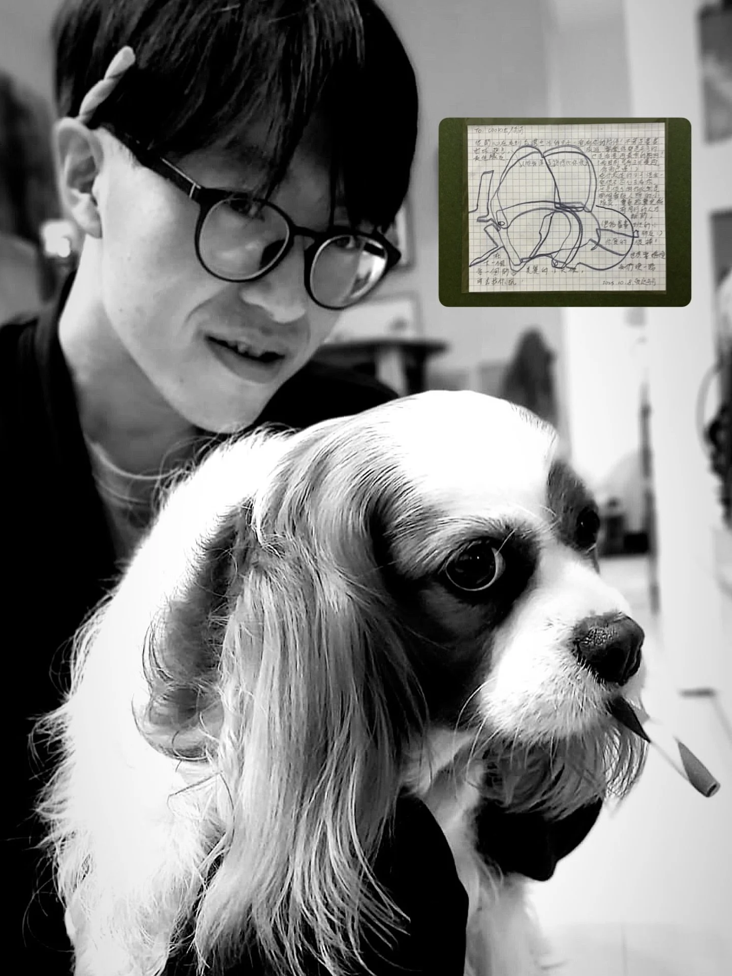 DEAR COOKIE

很開心在來到台灣生活的日子一直有你的陪伴！不管是畫畫、打球、跑步（但我還是跑得比你快）、旅遊、要廢，你都是我們的最佳隊友
也是我養過最乖的狗狗！
（我目前只有正式養過你而已）

在你最後的日子裡我一直很不忍心去看你
但是很感謝你依然是那個會數人頭的小隊長，負責點算完所有同行的人才離開
（包括畫畫班的小朋友們）

你真的很棒！在下一個世界要繼續當一個快樂美麗的小天使，我們晚一點來找你玩

2025.10.8.