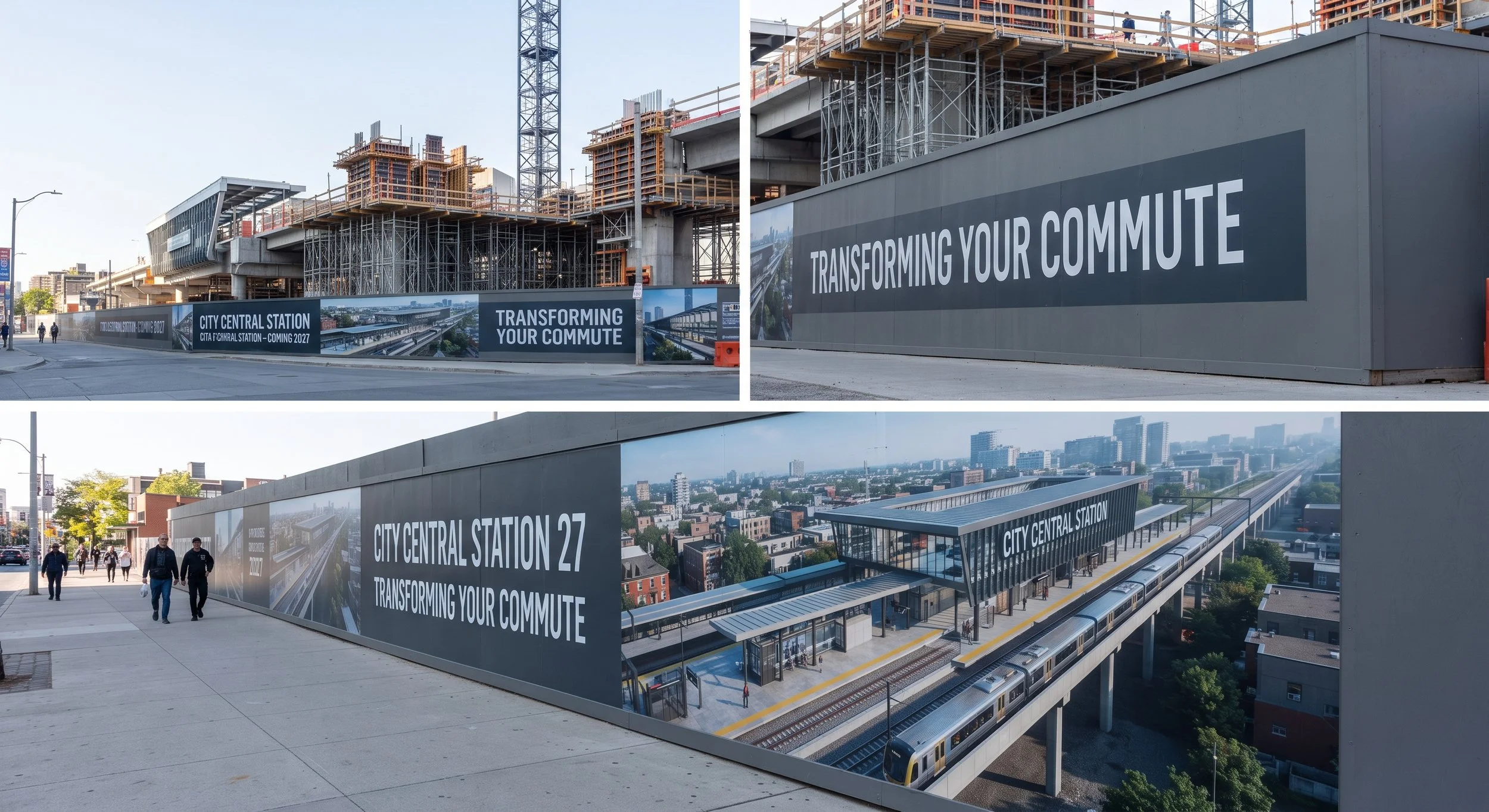 Landmark Series 5000 custom printed hoarding boards installed around a major public transit construction project, featuring "City Central Station" branding, transit updates, and high-impact graphics for urban security fencing.