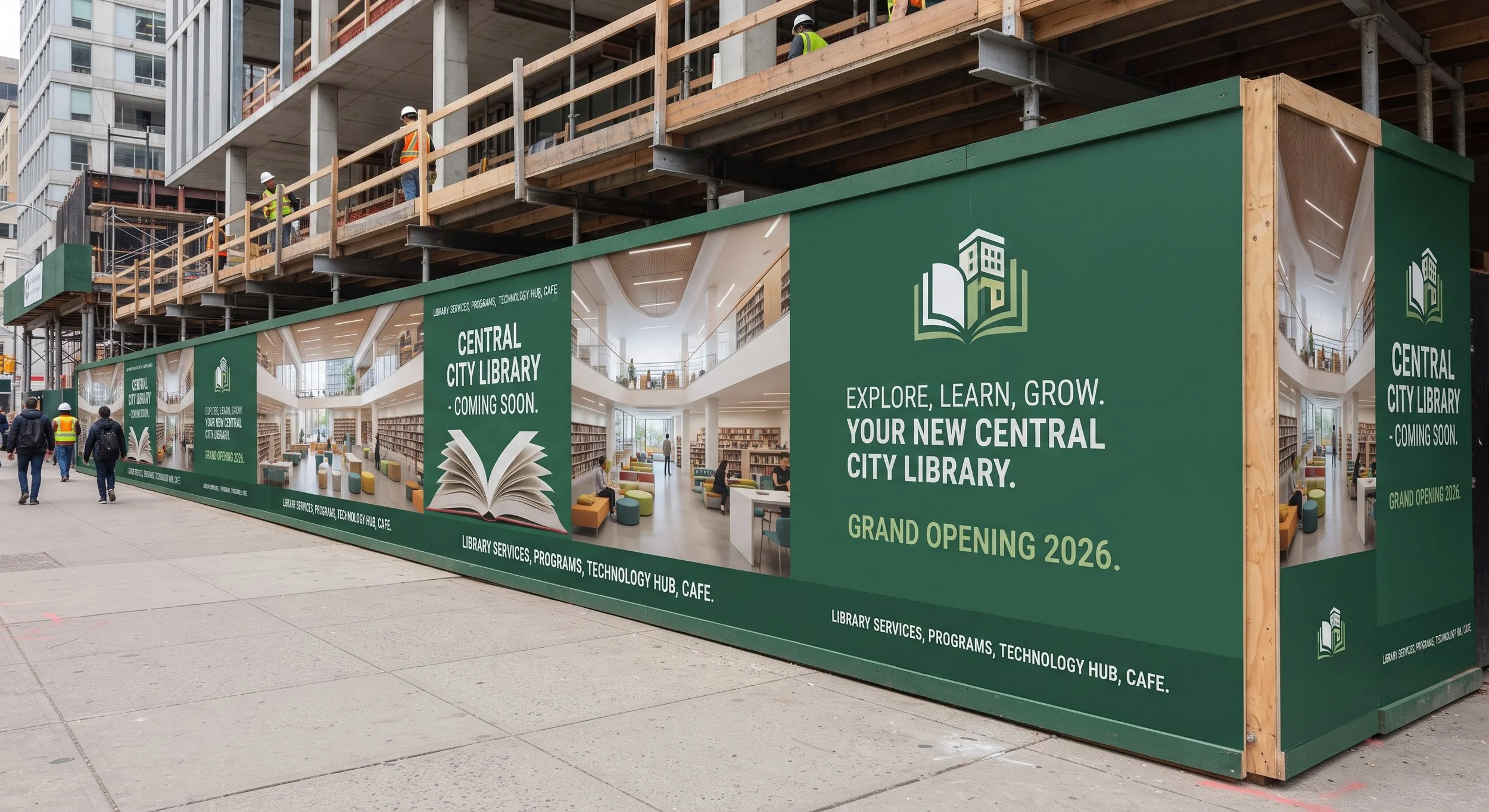 Landmark Series 5000 custom printed hoarding boards surrounding a public library construction site, featuring forest green panels, "Explore, Learn, Grow. Your New Central City Library" branding, and interior architectural renderings.