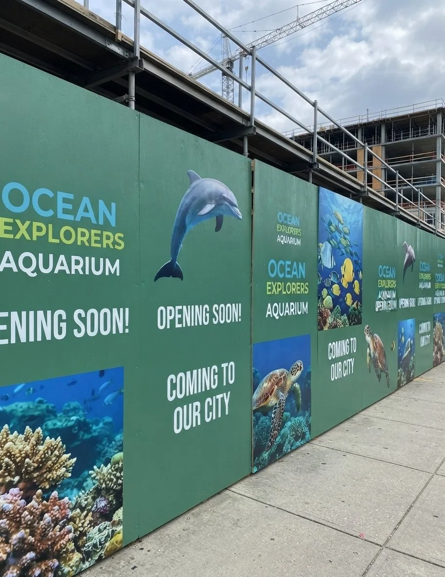Custom printed Landmark Series 5000 construction site hoarding boards featuring vibrant Ocean Explorers Aquarium graphics, high-resolution wildlife prints, and security fencing panels for urban real estate developments.