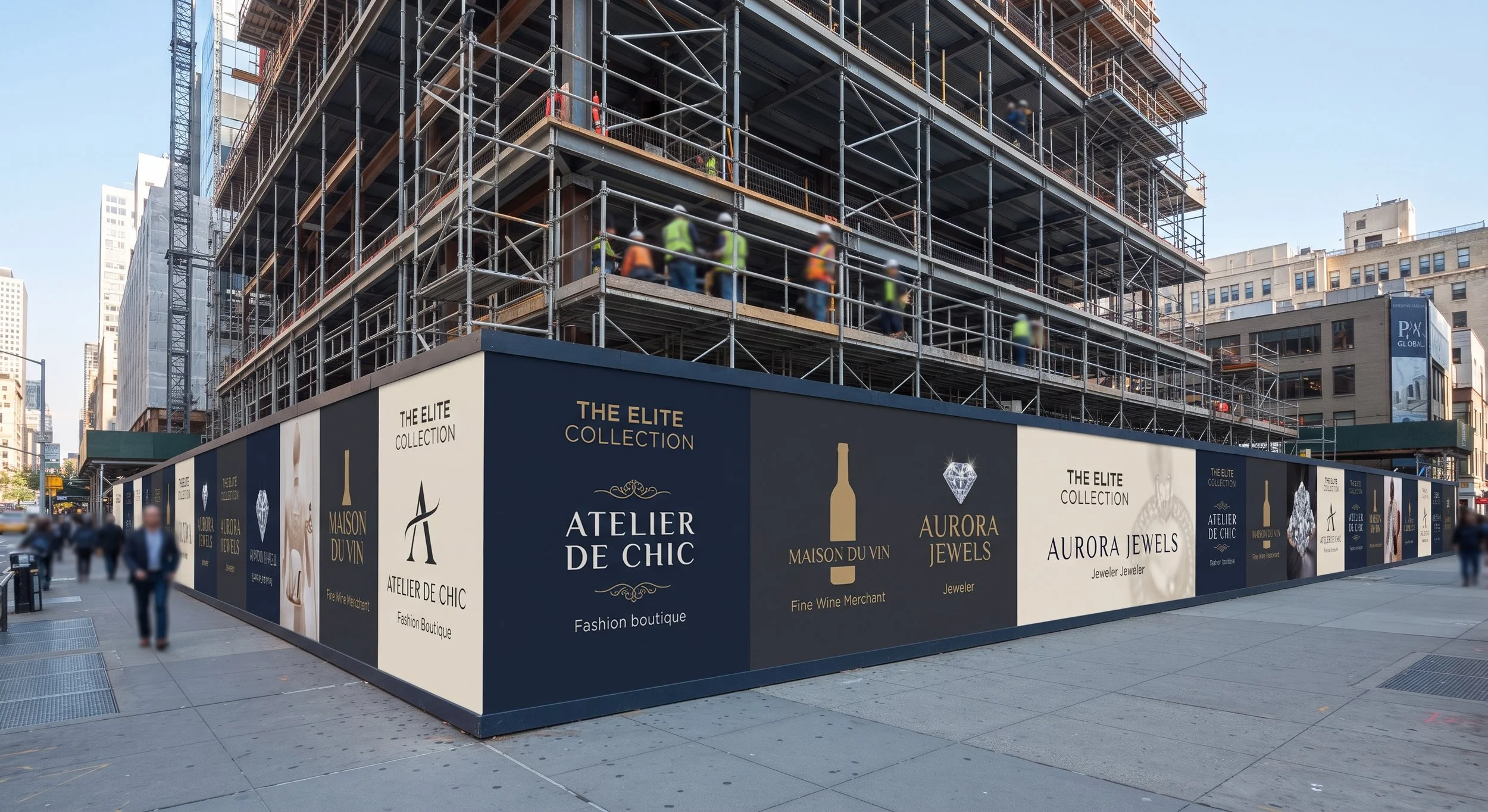 Custom printed Landmark Series 5000 construction site hoarding boards featuring high-end retail branding, luxury boutique signage, and secure privacy fencing for a commercial real estate development.