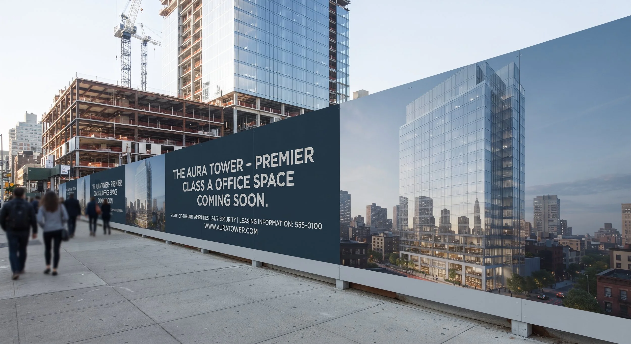 Landmark Series 5000 custom printed hoarding boards surrounding a commercial high-rise construction project, featuring "The Aura Tower" premier Class A office space branding, architectural renderings, and secure urban privacy fencing.