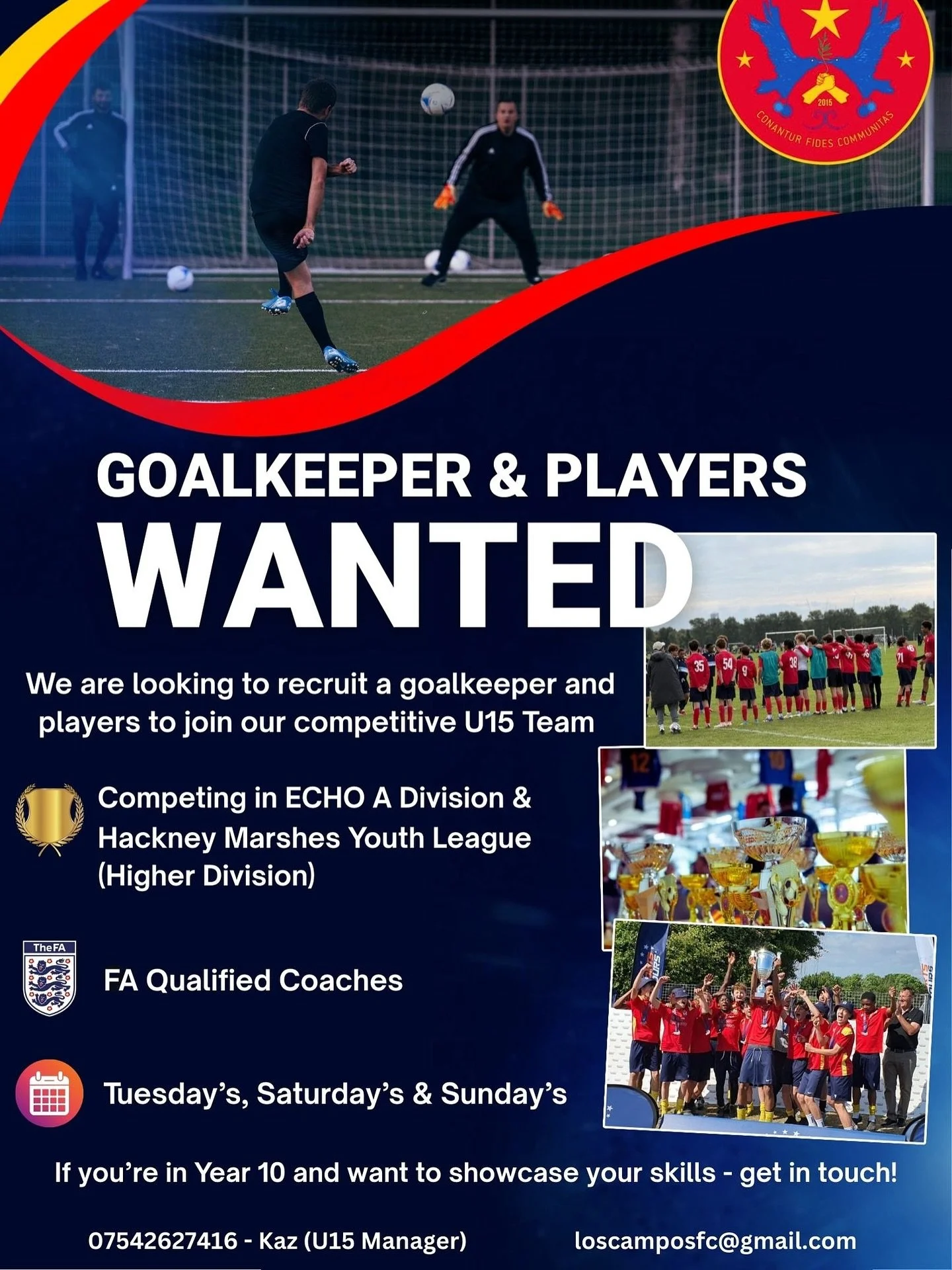 ‼️ RECRUITING ‼️

Los Campos FC are looking for top talent to join our U15 Team. We are on the lookout for a goalkeeper as well as players in Year 10 who want to compete in a fun and challenging environment

🏆 ECHO A Division &amp; Hackney Marshes Y