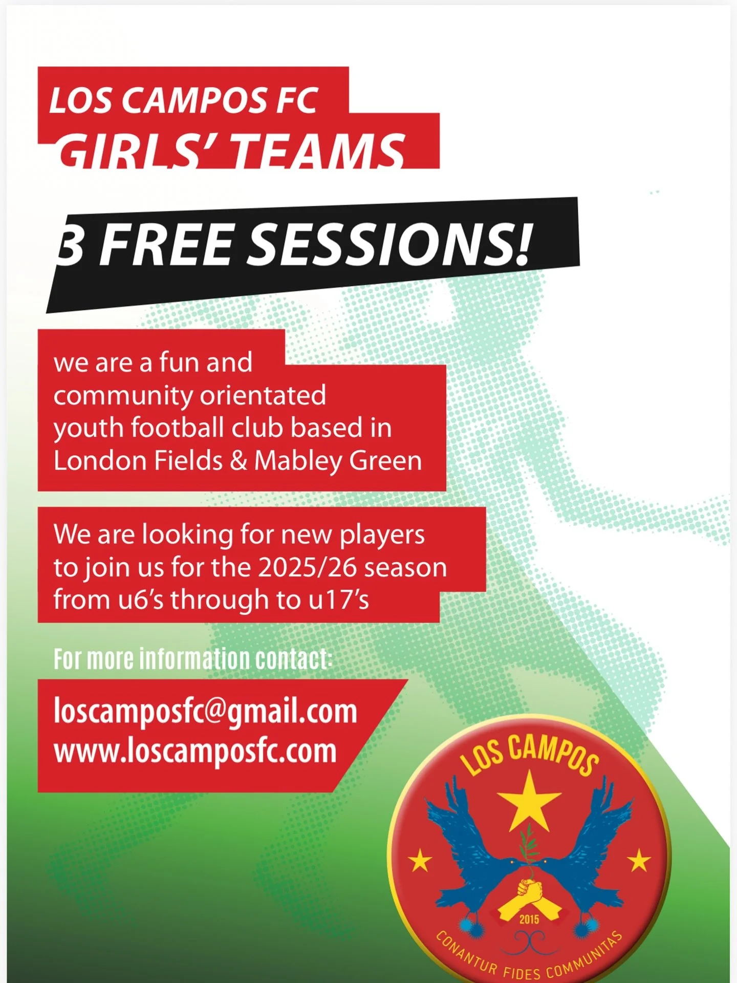 At Los Campos we currently have 1x U13 squad who complete in the Hackney Marshes league on Saturdays💪🏽😁.
We also have a opens girls only session every Wednesday from 5-6pm at Mabley Green. A fun,safe and open space for girls of all ages and abilit
