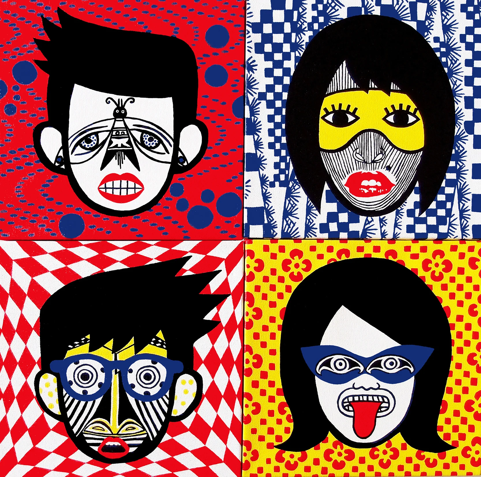 Acrylic on stretched canvas, 4 HEADS, 4x 10" x 10"x 1,5", NORTH AMERICAN INDIAN-JAPAN, CAMEROON-MARILYN- JAPAN BAKUBA-ZAIRE, AZTEC-JAPAN