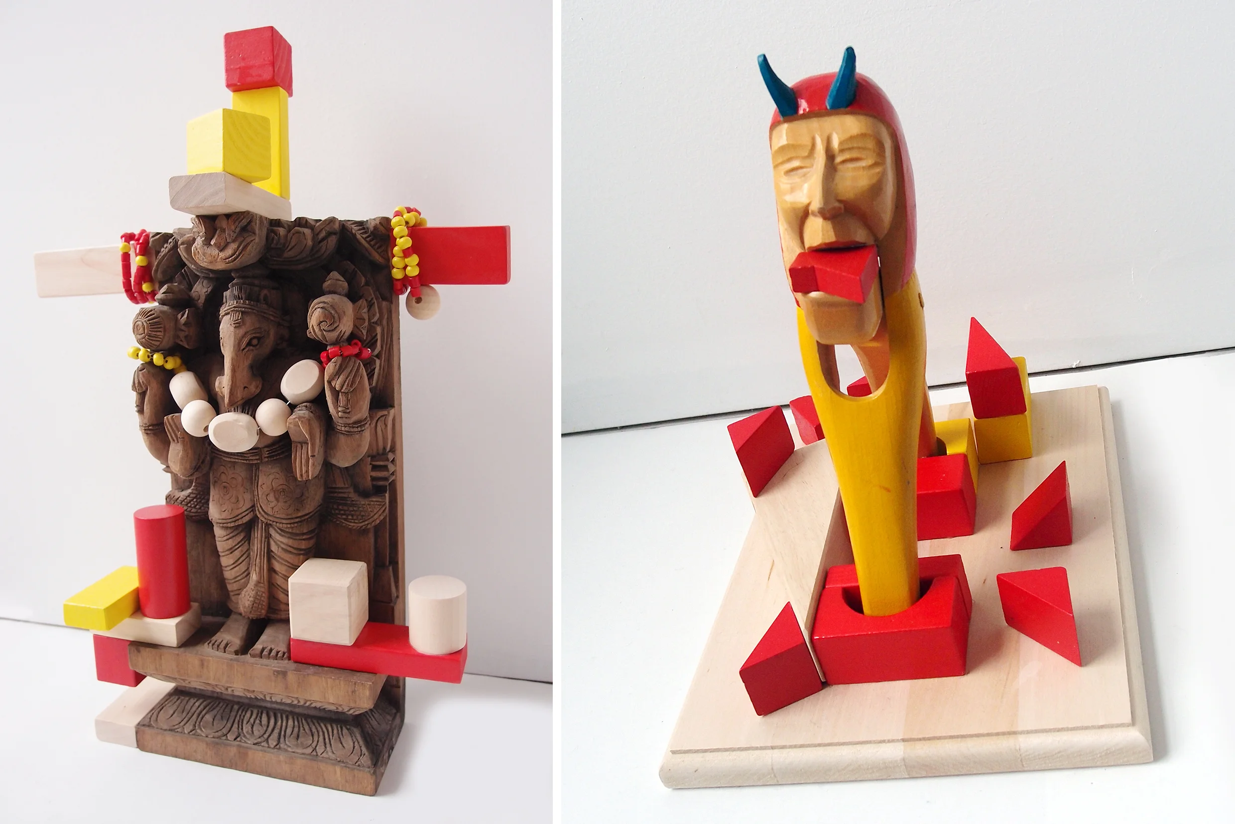 Ganesh, God of new beginnings, wood, 16” x 9” x 3” Devil Nutcracker, wood, 10,5” x 10” x 8”