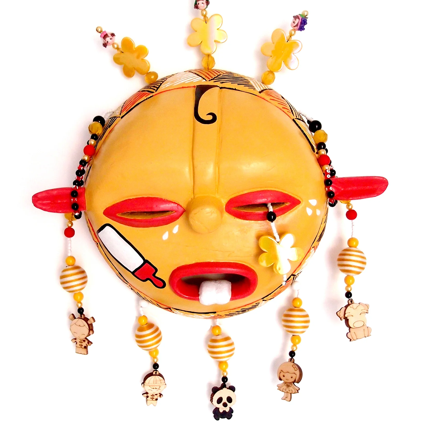 Mask, God of Children, wood, plastic, beads, metal, 14” x 11” x 4”