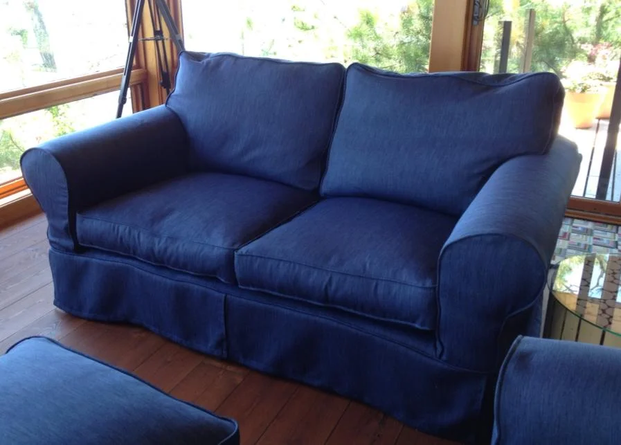 Loveseat built to replicate existing chairs and slipcovered.