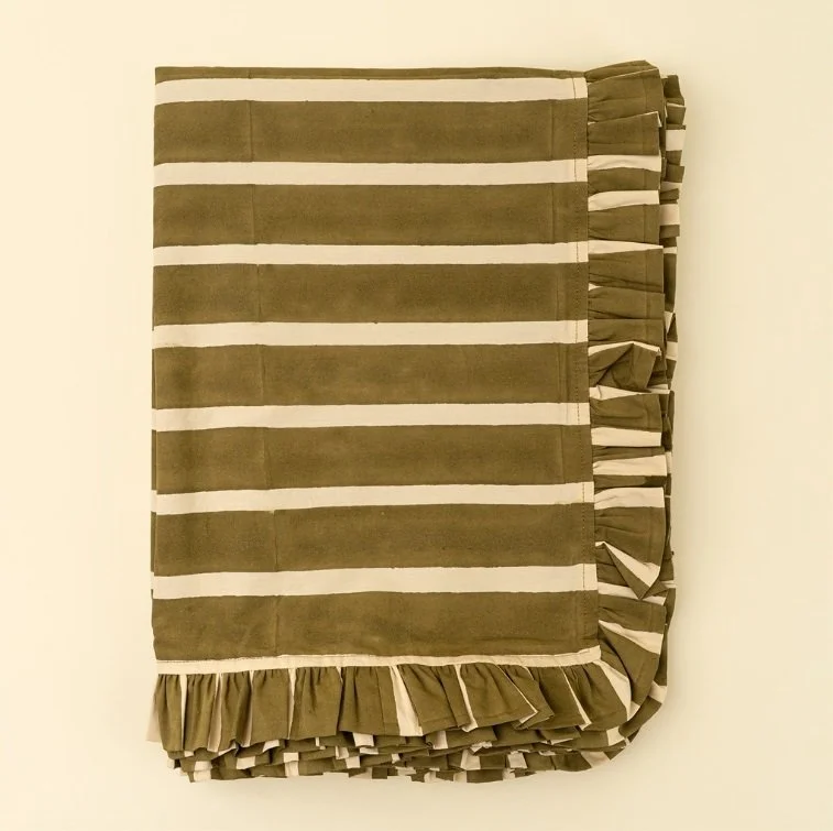 Block Print Stripe Ruffle Tablecloth, Olive