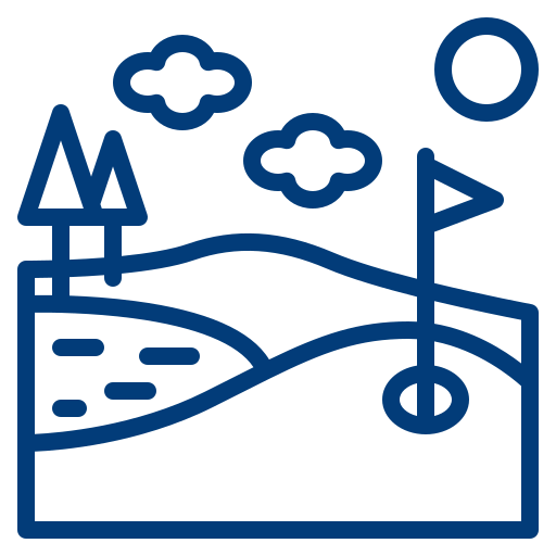 Simplified line drawing of a golf course with a flag on a hole, a tree, mountains, a cloud, the sun, and a pond or water hazard.